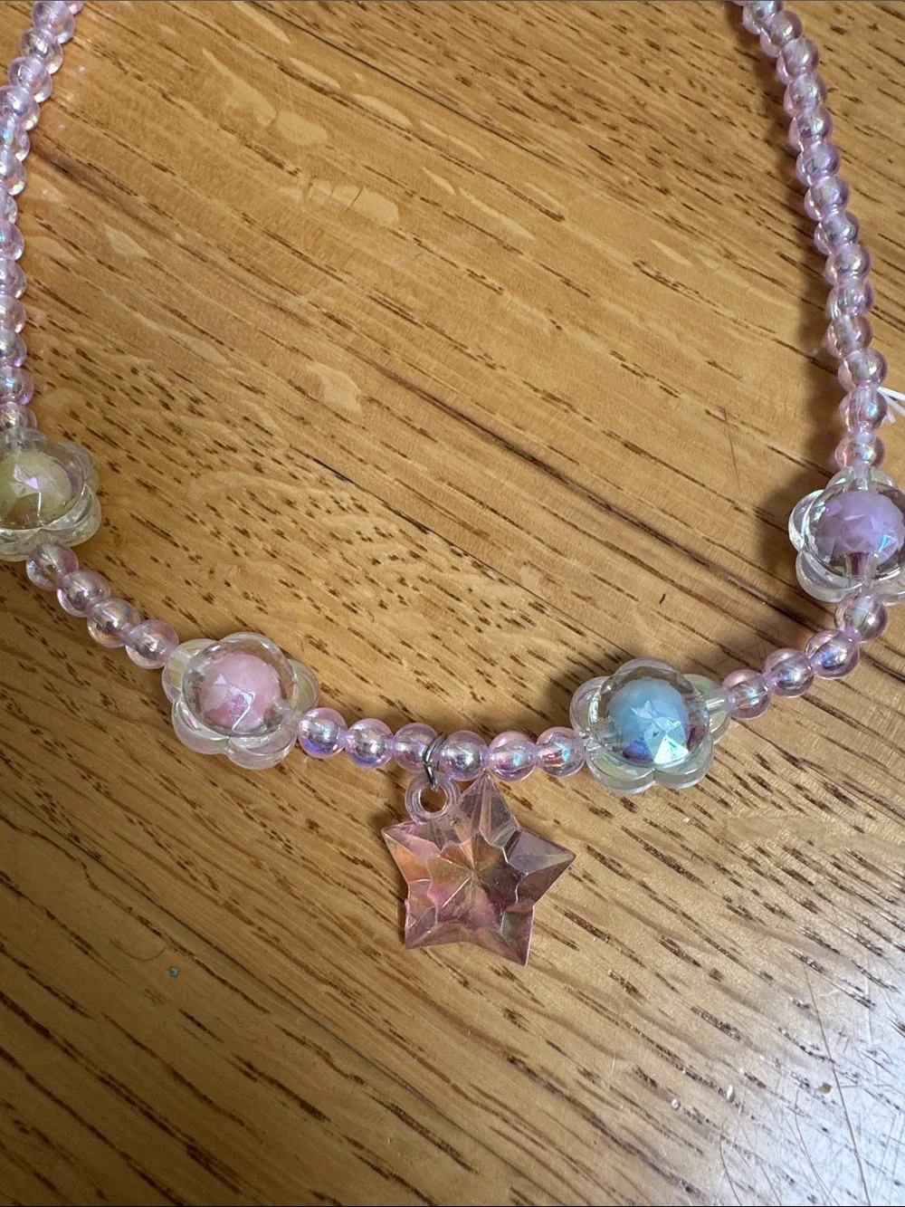 Kids Pink Bead Necklace with Iridescent Flower Charms and Star Pendant